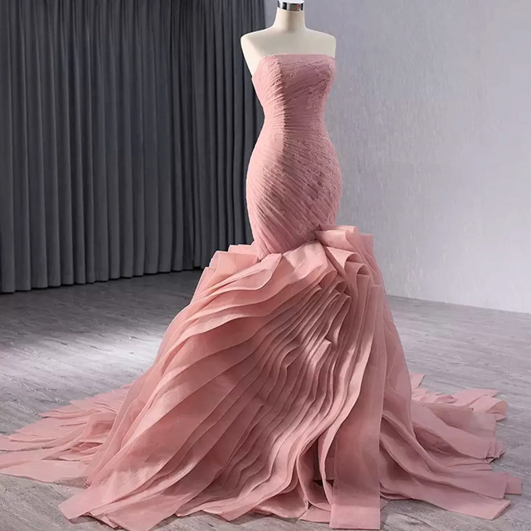 High-End Blushing Pink Cascading Ruffles Flower Mermaid Prom Dresses