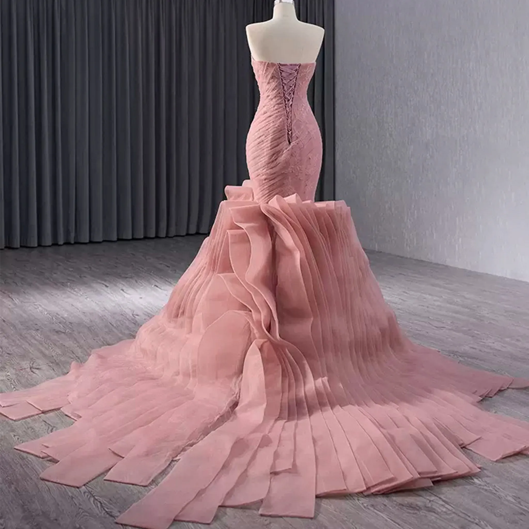 High-End Blushing Pink Cascading Ruffles Flower Mermaid Prom Dresses