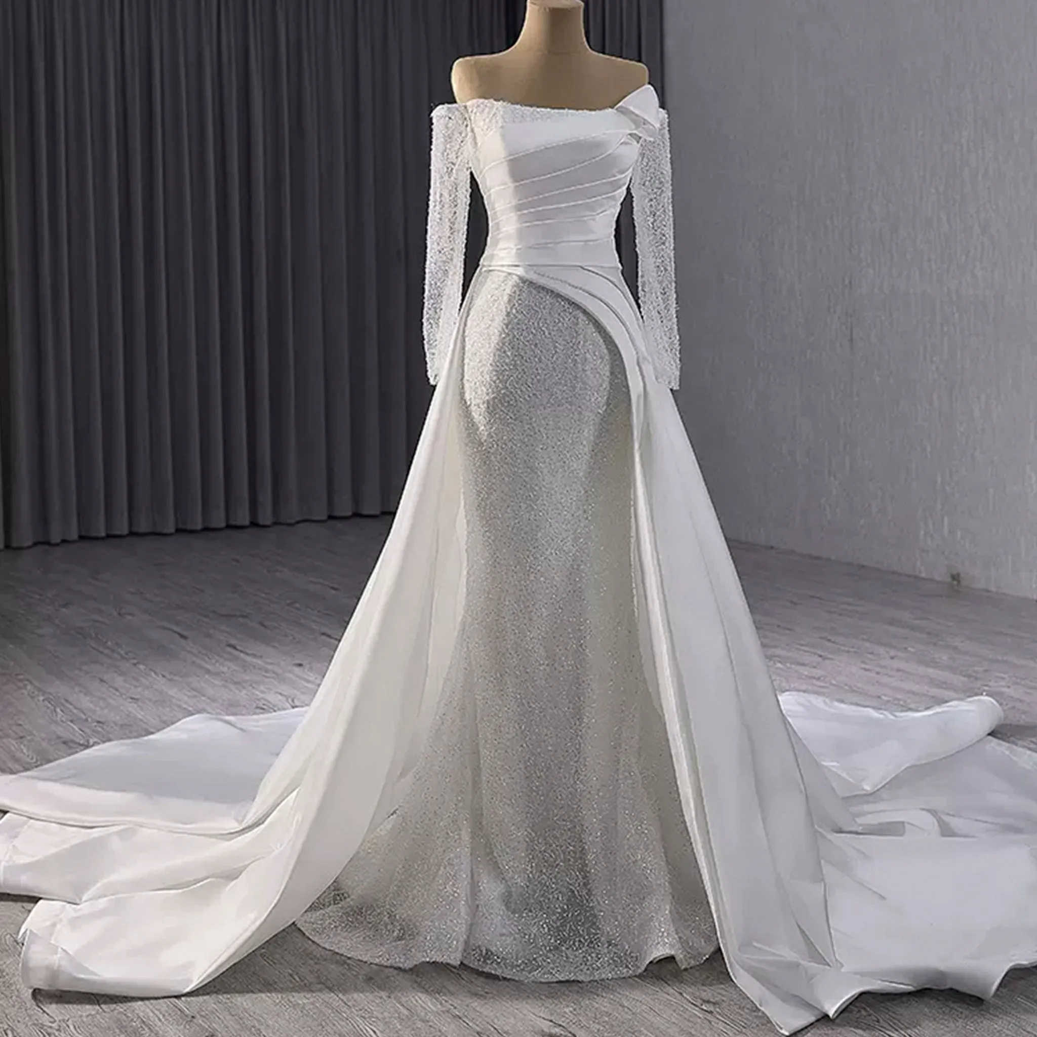 High-end Handmade Sparkly Wedding Dress with Long Sleeve