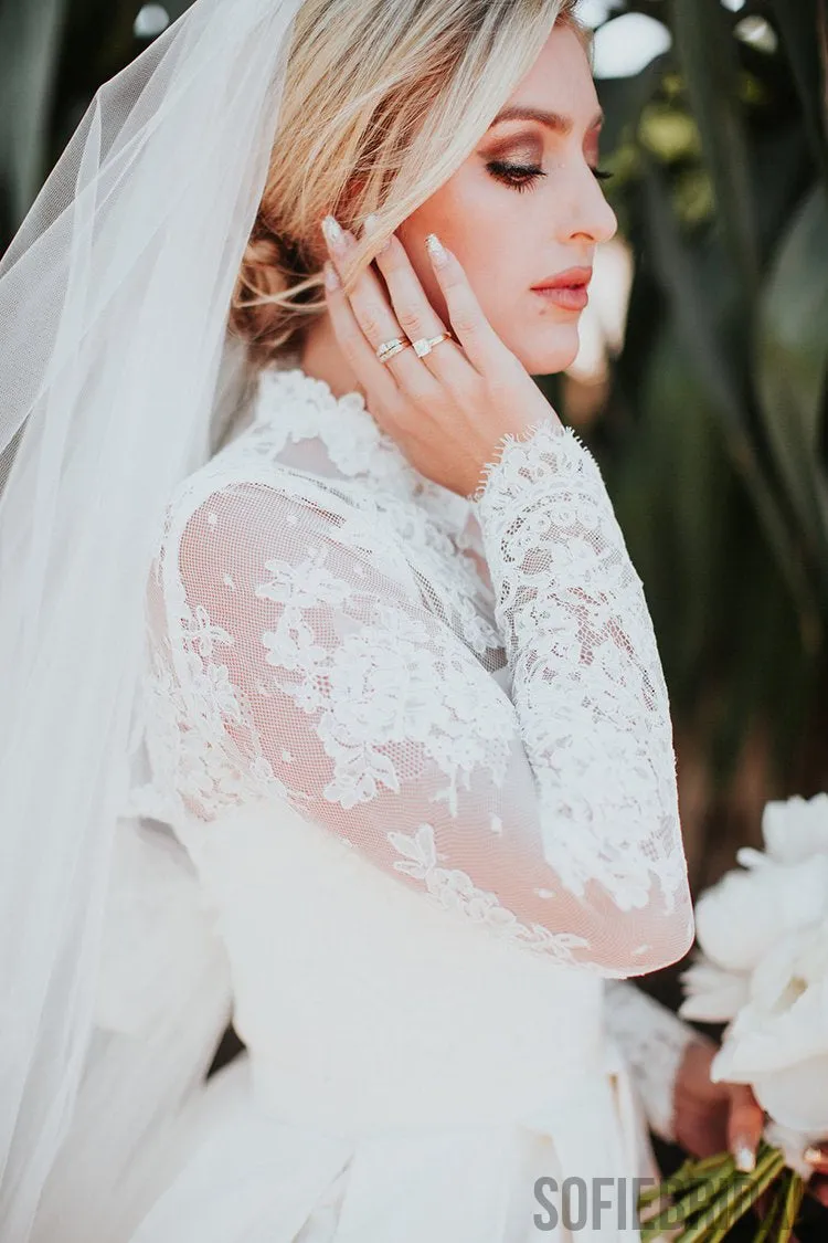 High Neck Long Sleeves Lace Satin Wedding Dresses, WD0288