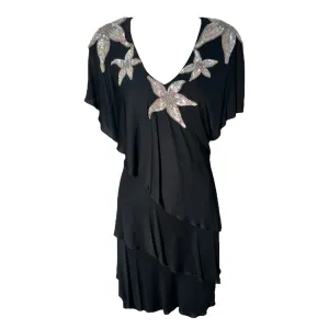 Holly's Harp Late 1970's Black Rayon Jersey Tiered Dress with Sequin Star Flowers