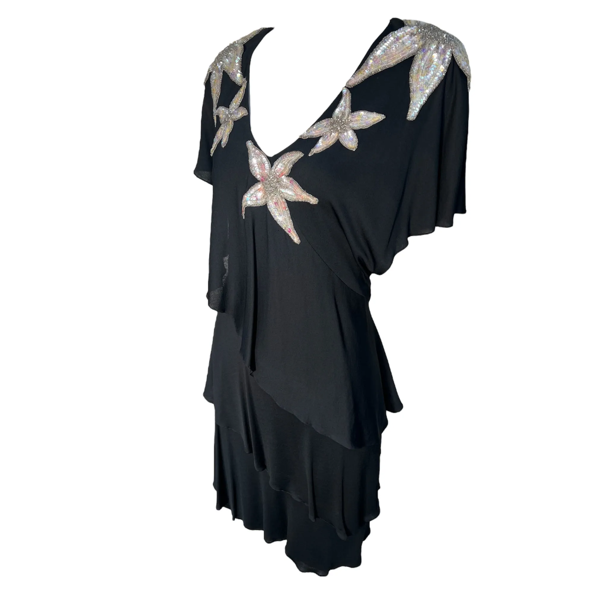Holly's Harp Late 1970's Black Rayon Jersey Tiered Dress with Sequin Star Flowers