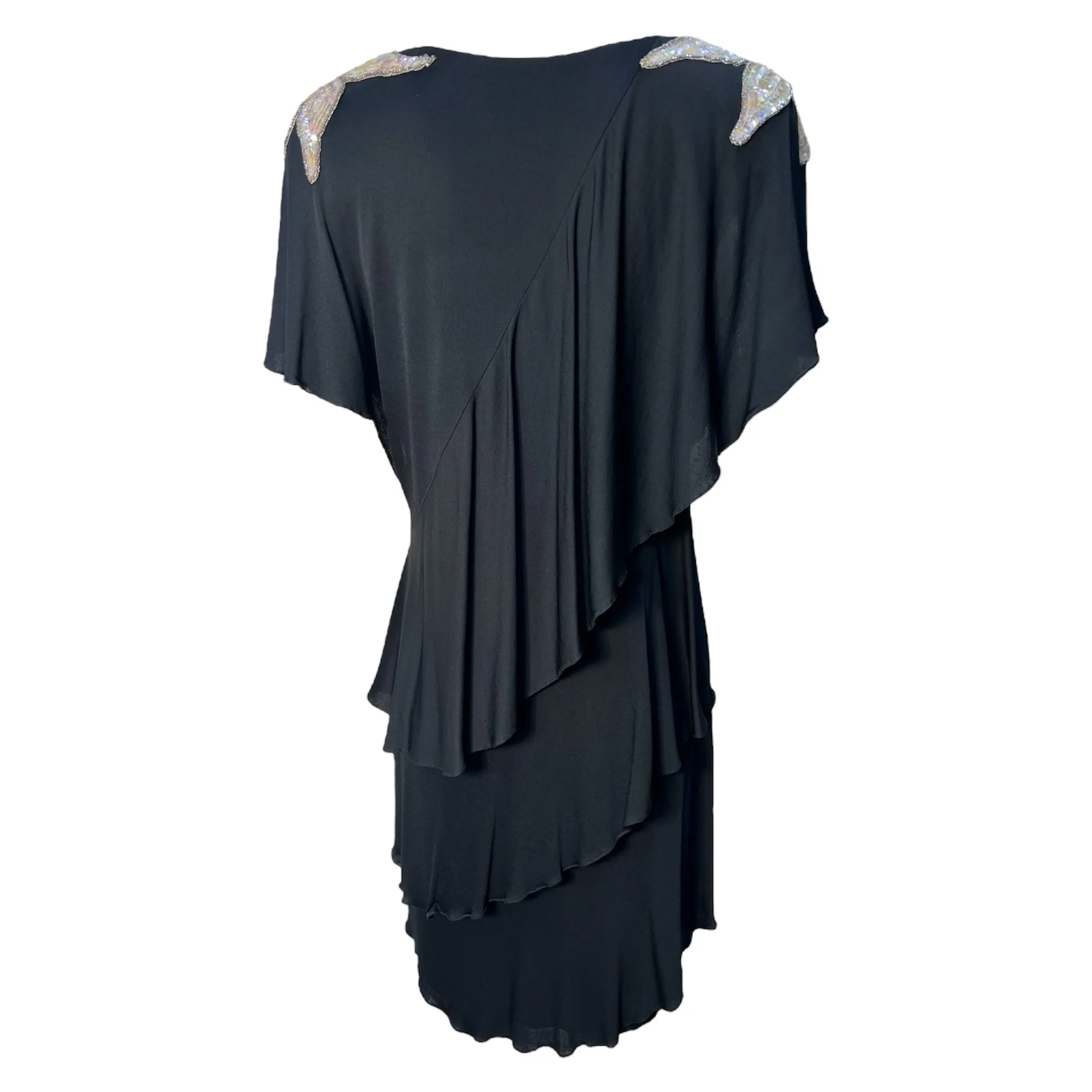 Holly's Harp Late 1970's Black Rayon Jersey Tiered Dress with Sequin Star Flowers