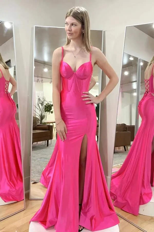 Hot Pink Satin Mermaid Spaghetti Straps Long Prom Dresses With Slit, MP891