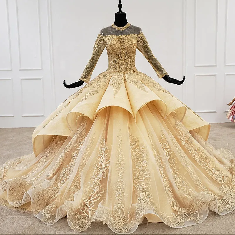 HTL1207 champagne luxury long sleeve high neck evening dresses
