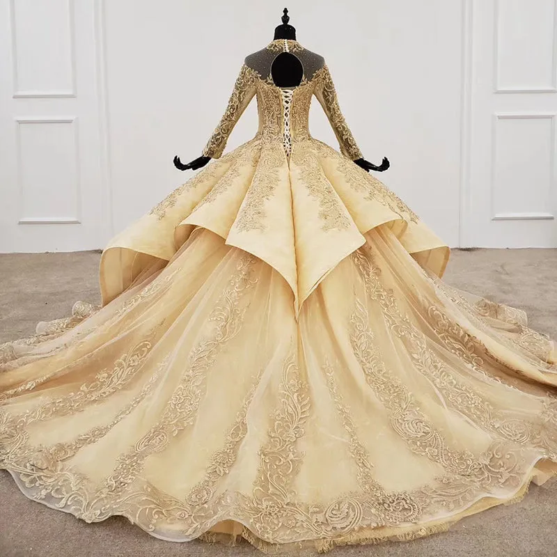 HTL1207 champagne luxury long sleeve high neck evening dresses