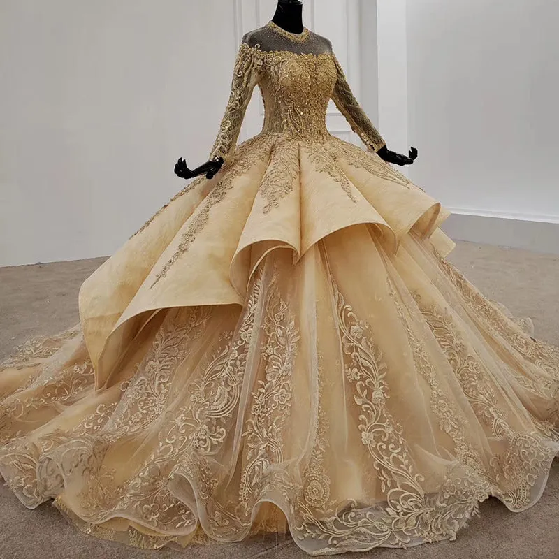 HTL1207 champagne luxury long sleeve high neck evening dresses