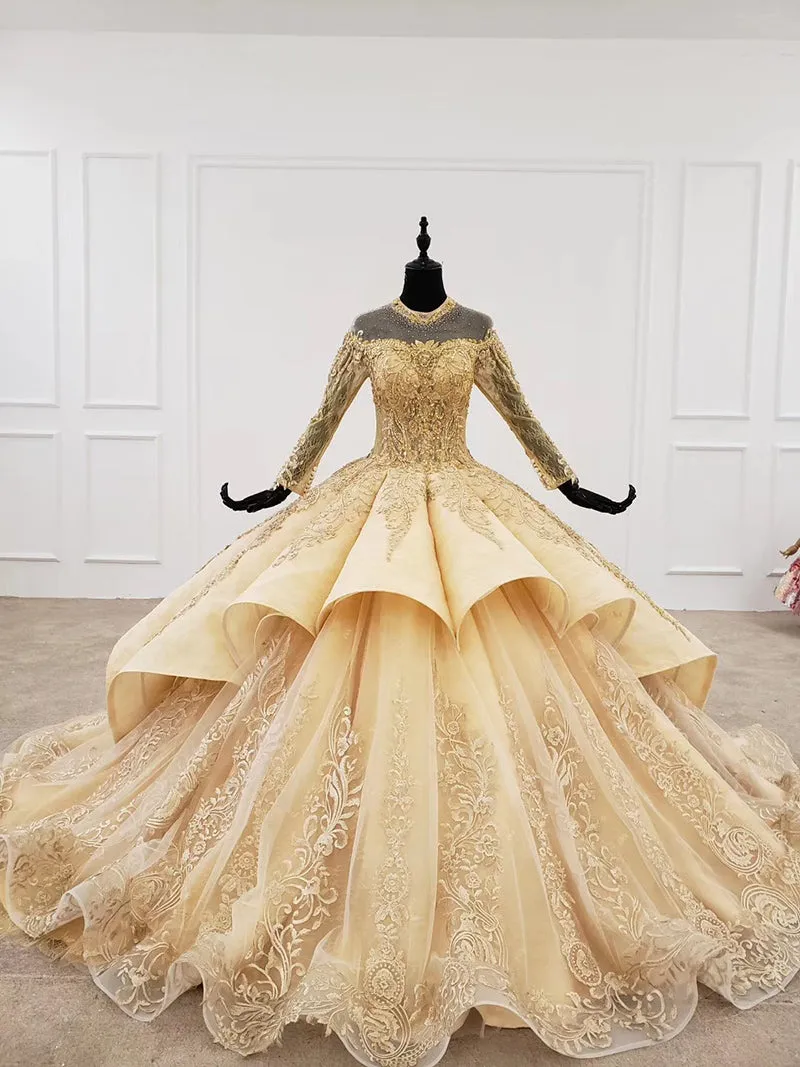 HTL1207 champagne luxury long sleeve high neck evening dresses