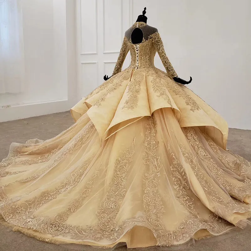 HTL1207 champagne luxury long sleeve high neck evening dresses