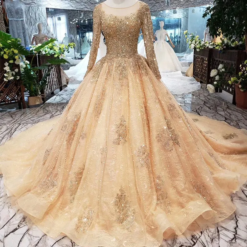 HTL258 Princess Luxury Elegant Plus Size Long Sleeve Ball Gown Wedding Dresses