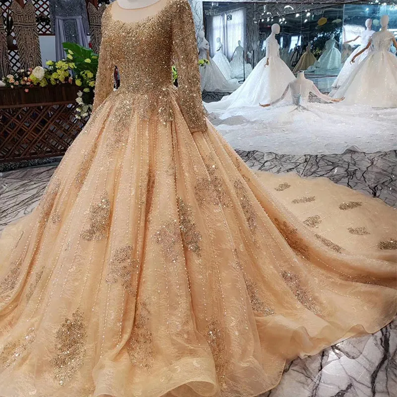 HTL258 Princess Luxury Elegant Plus Size Long Sleeve Ball Gown Wedding Dresses