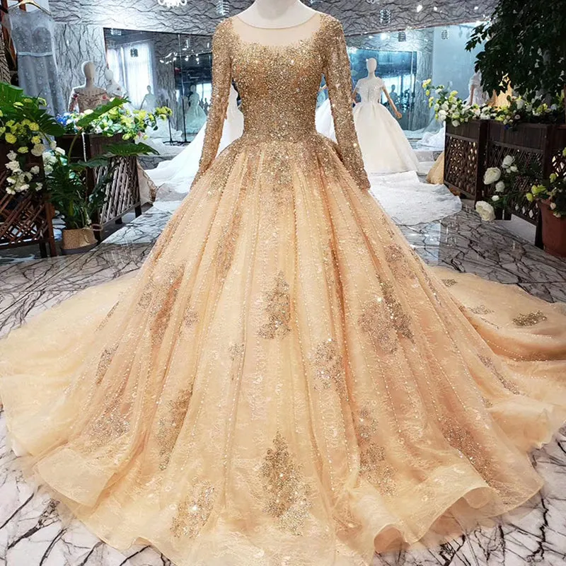 HTL258 Princess Luxury Elegant Plus Size Long Sleeve Ball Gown Wedding Dresses