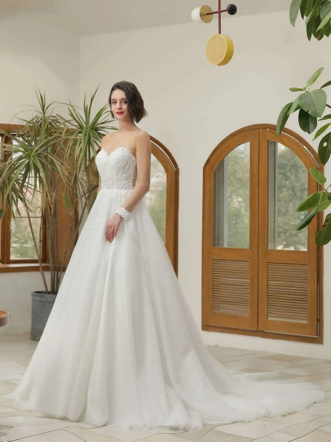 Illusion Neckline Leaf Lace Glitter Full A-Line Wedding Dress Grace