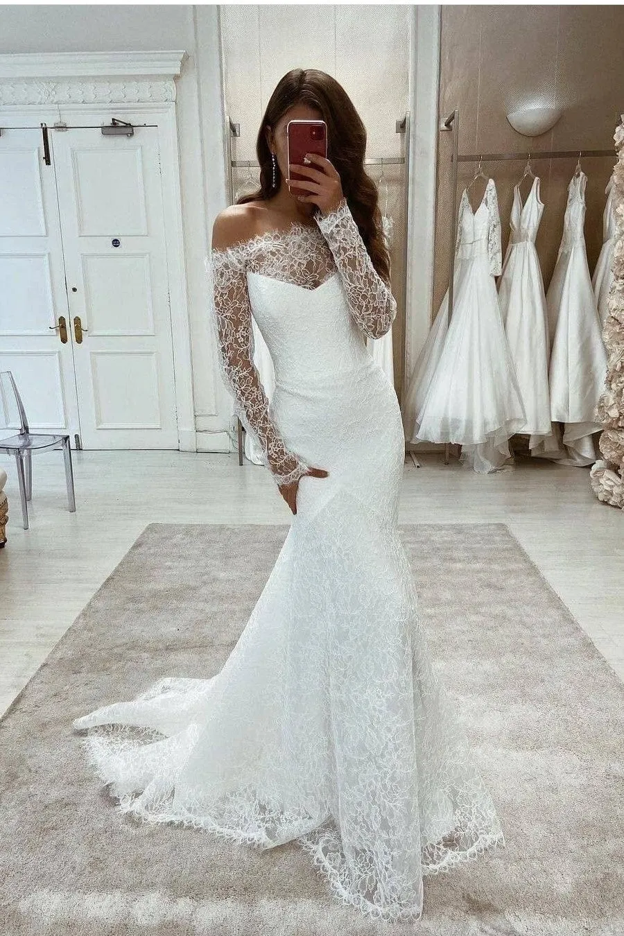 Illusion Sleeves Lace Bride Dress with Off-the-shoulder Neckline