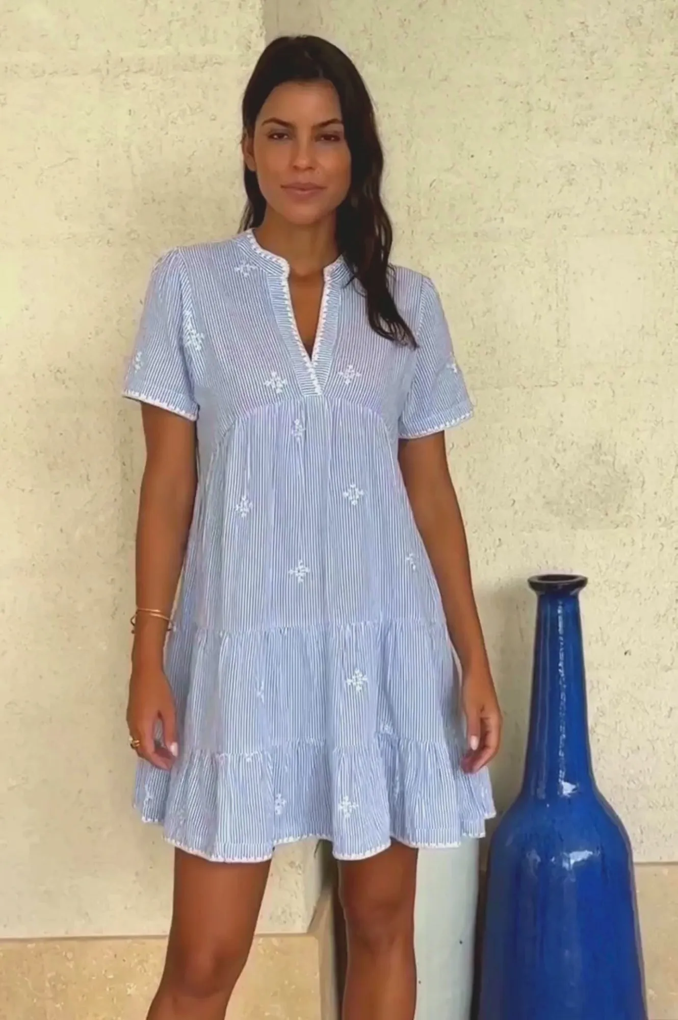 India Embroidered Organic Cotton Dress | Stripe Blue/White