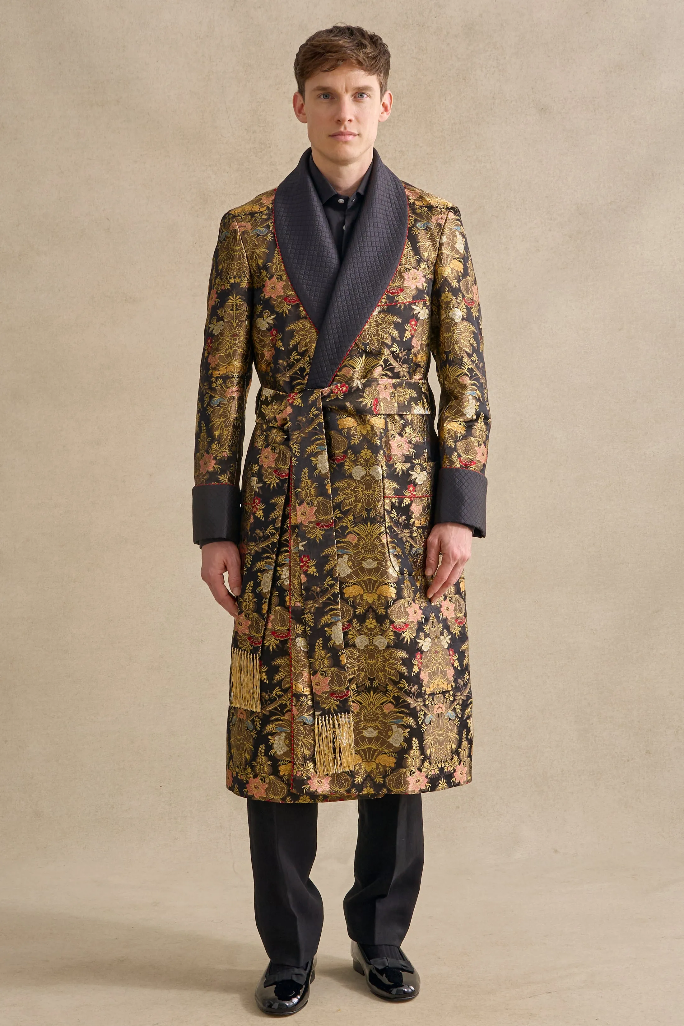 Isabella Noir Lined Silk Dressing Gown
