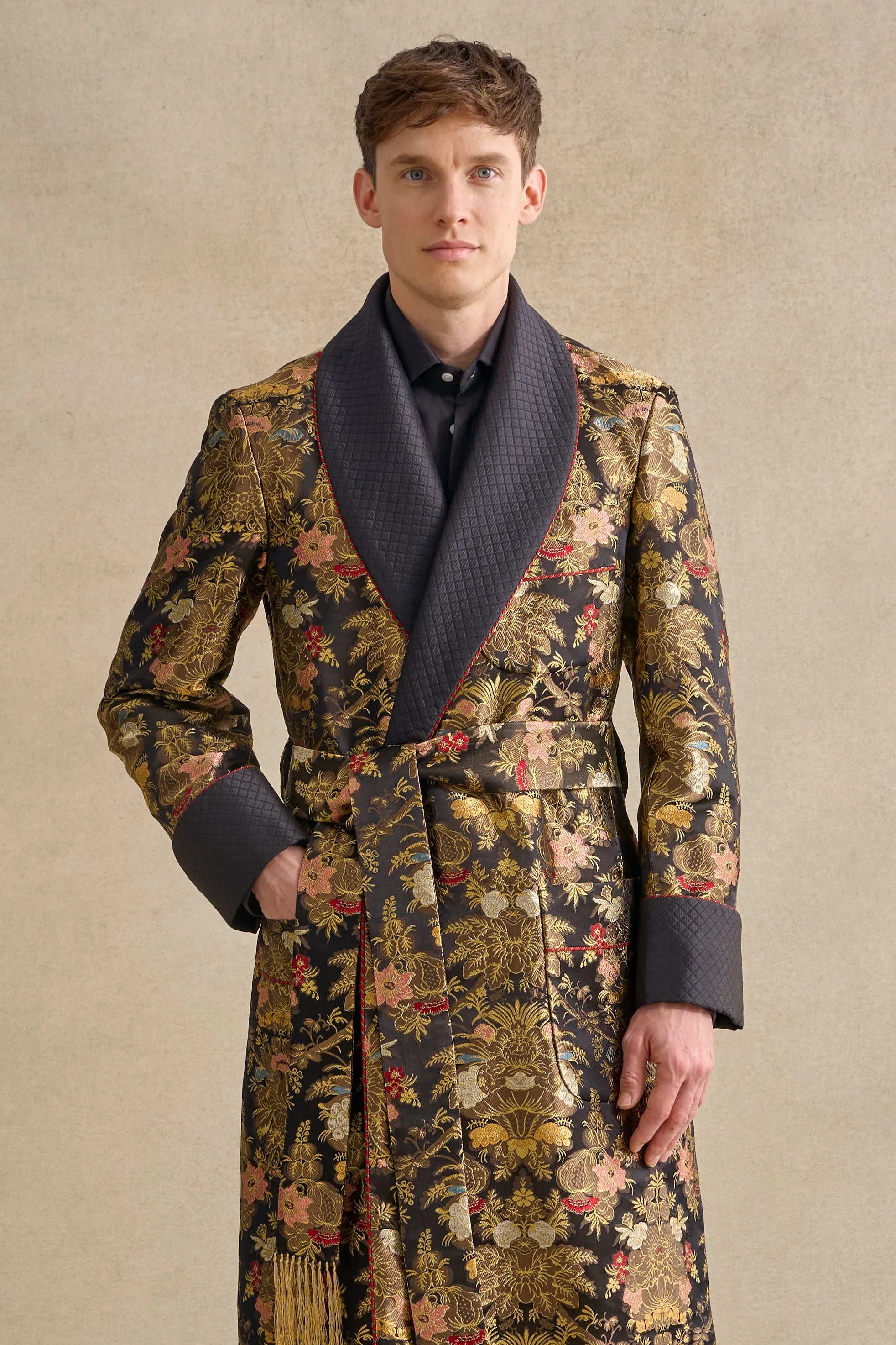 Isabella Noir Lined Silk Dressing Gown
