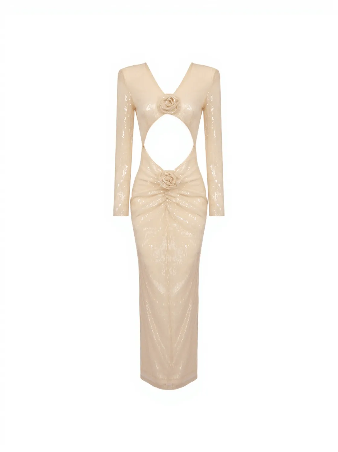 Isak Long Sleeve Flower Cutout Sequin Dress In Apricot