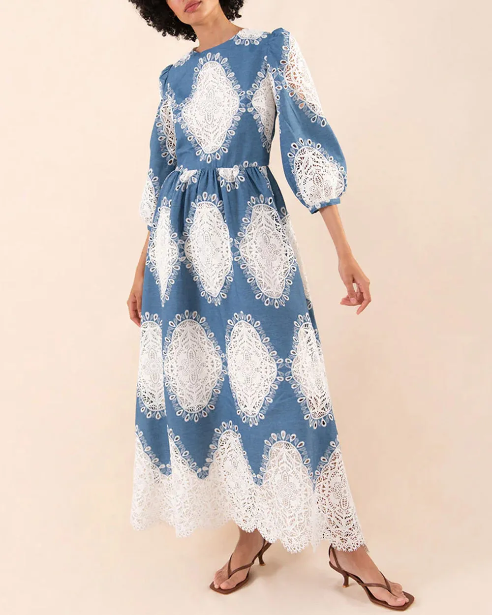 Ivory and Denim Lace Constance Dress