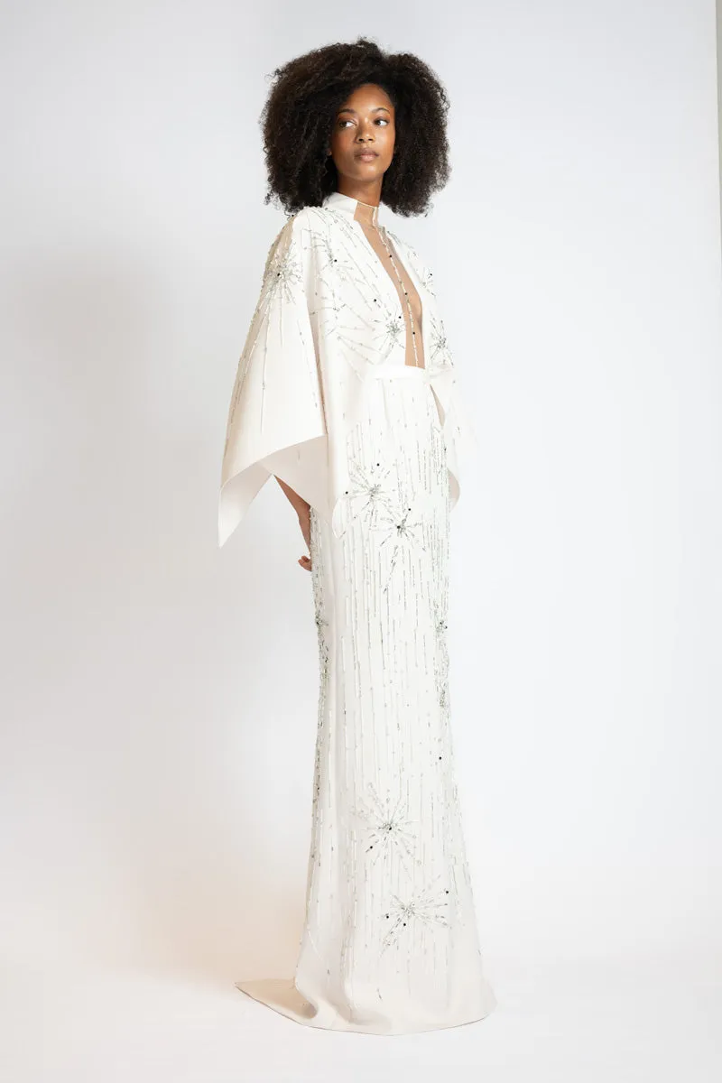 Ivory Cady Starburst Embroidered Column Gown With Draped Wings