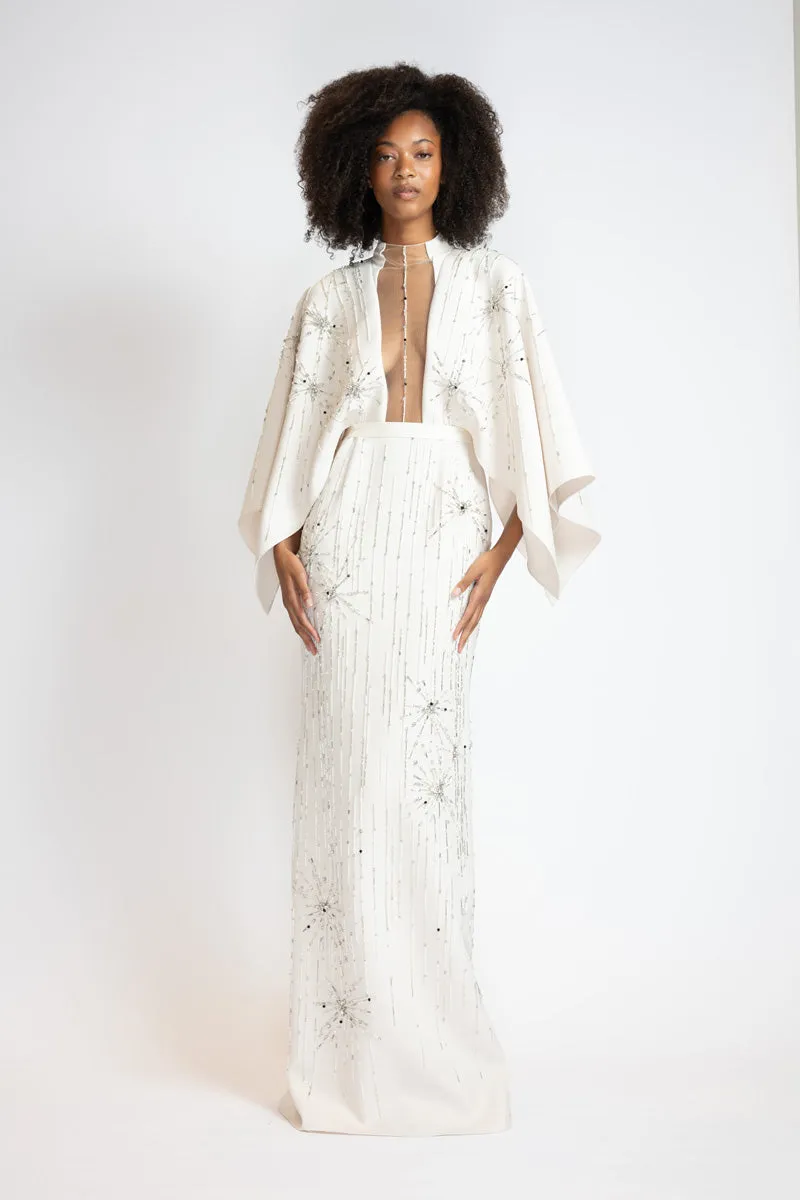 Ivory Cady Starburst Embroidered Column Gown With Draped Wings
