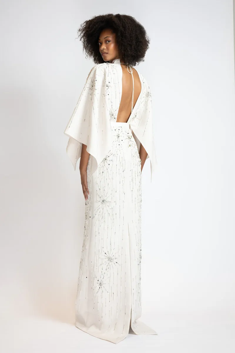 Ivory Cady Starburst Embroidered Column Gown With Draped Wings