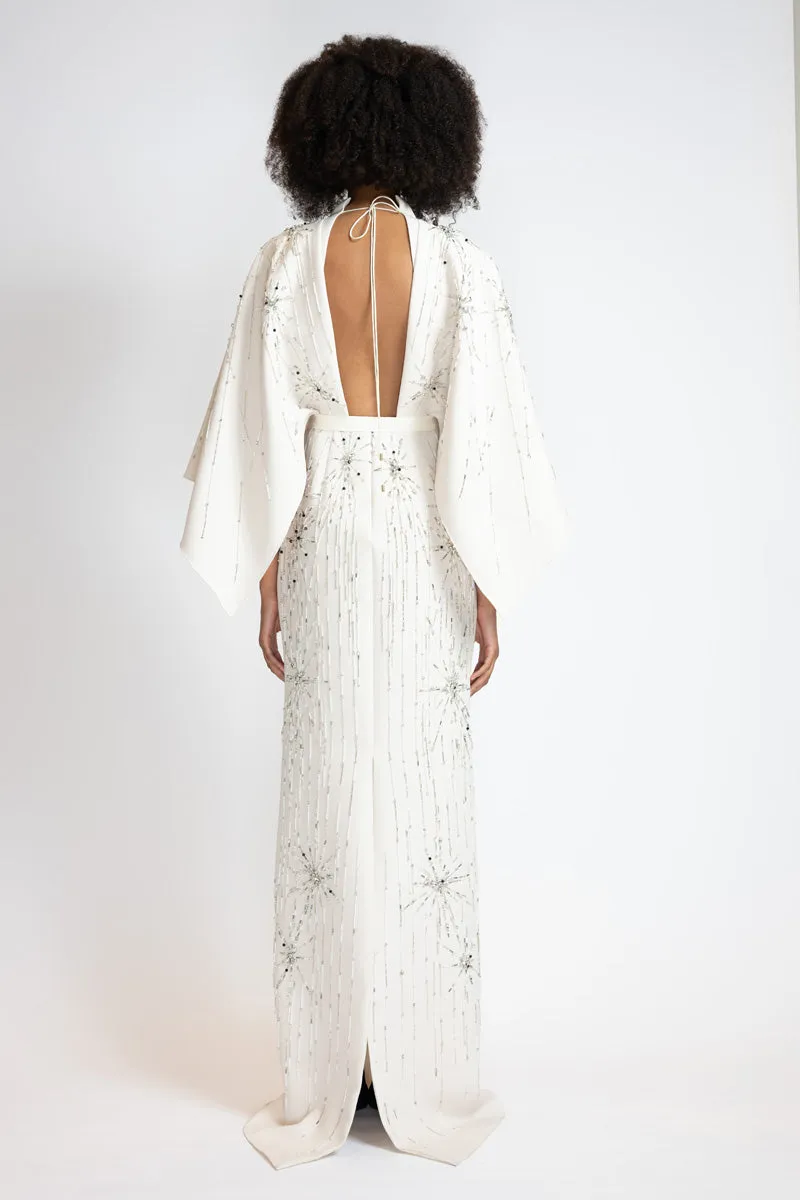 Ivory Cady Starburst Embroidered Column Gown With Draped Wings
