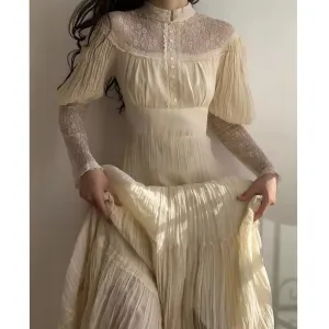 Ivory High Neck Long Sleeves A-Line Chiffon Lace Vintage Long Party Dress, D641