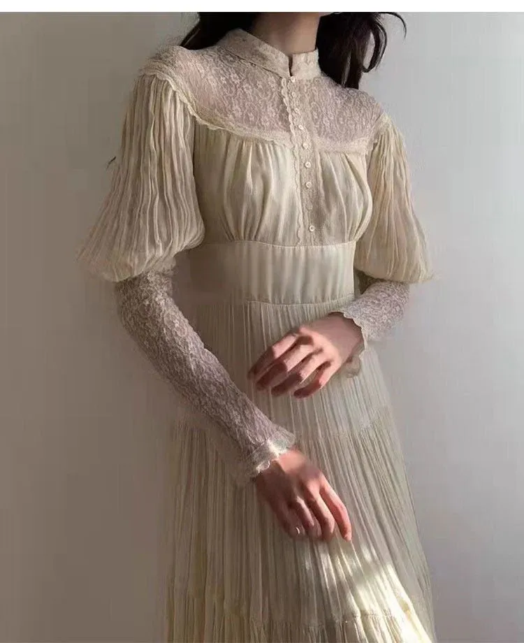Ivory High Neck Long Sleeves A-Line Chiffon Lace Vintage Long Party Dress, D641