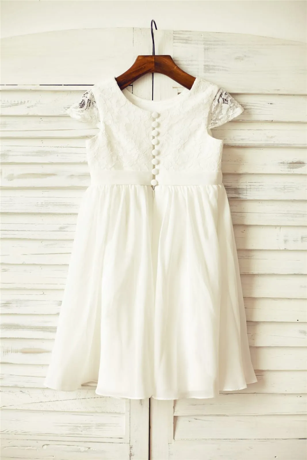 Ivory Lace Chiffon Cap Sleeves Flower Girl Dress