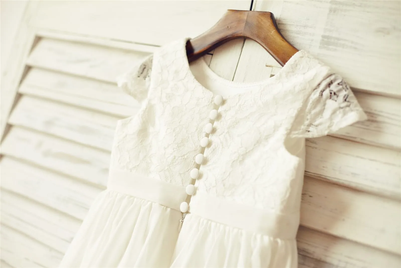 Ivory Lace Chiffon Cap Sleeves Flower Girl Dress