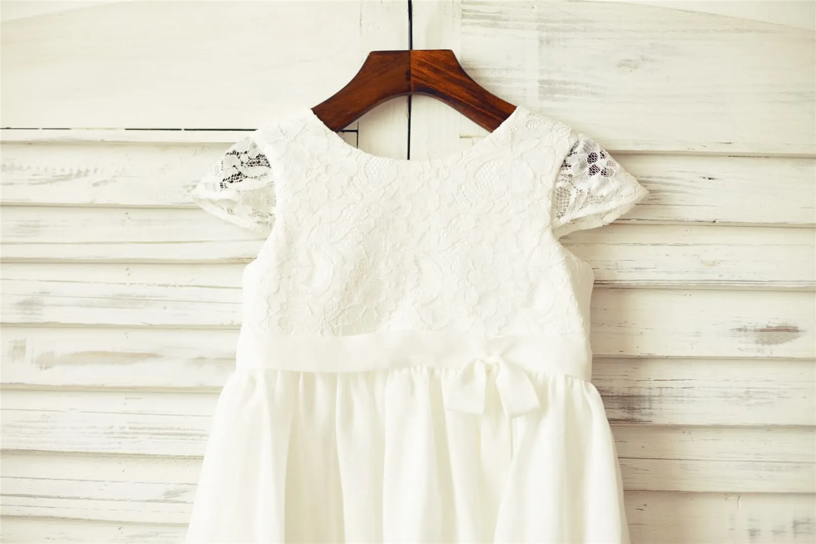 Ivory Lace Chiffon Cap Sleeves Flower Girl Dress