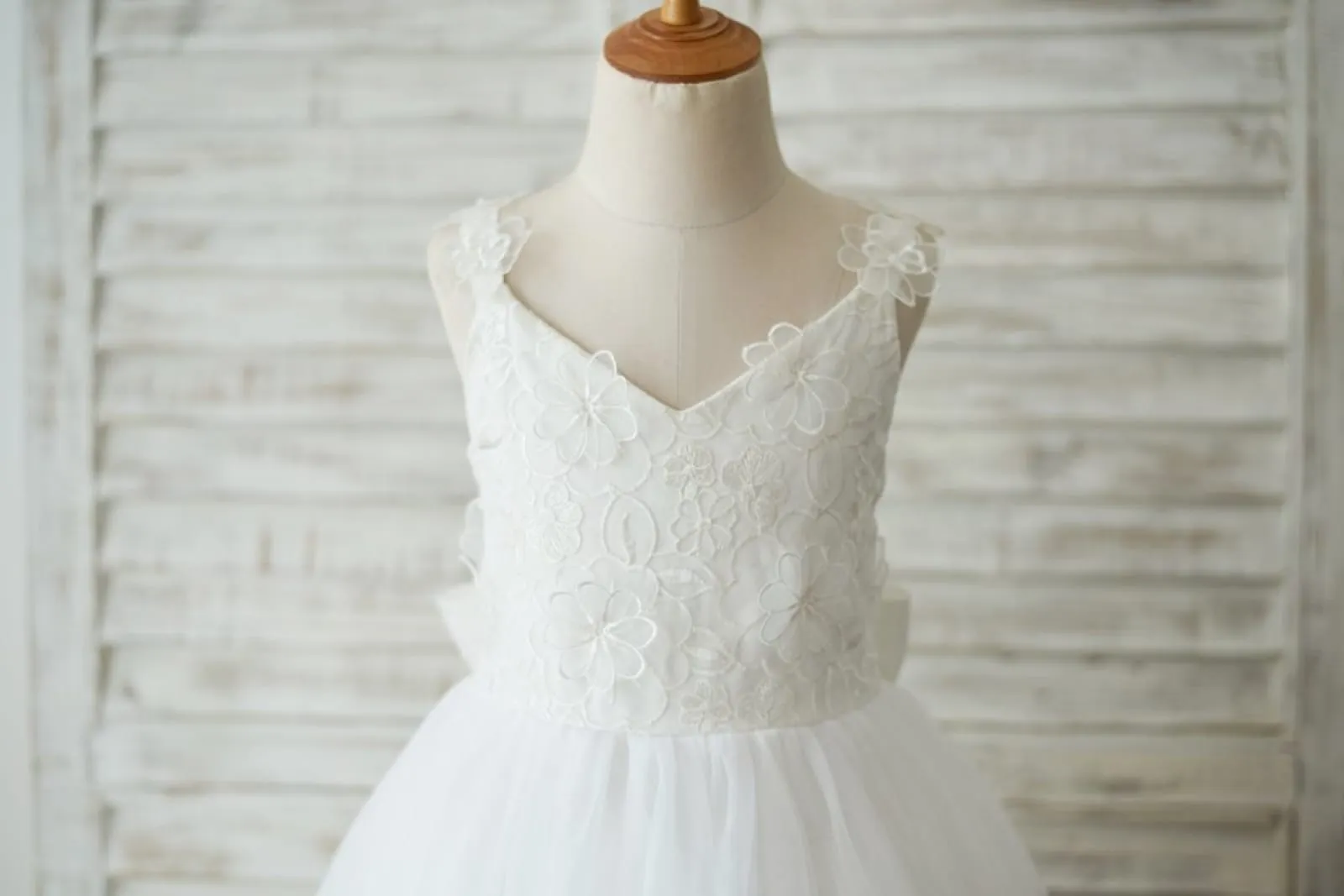 Ivory Lace Tulle 3D Flowers Wedding Flower Girl Dress, Big Bow