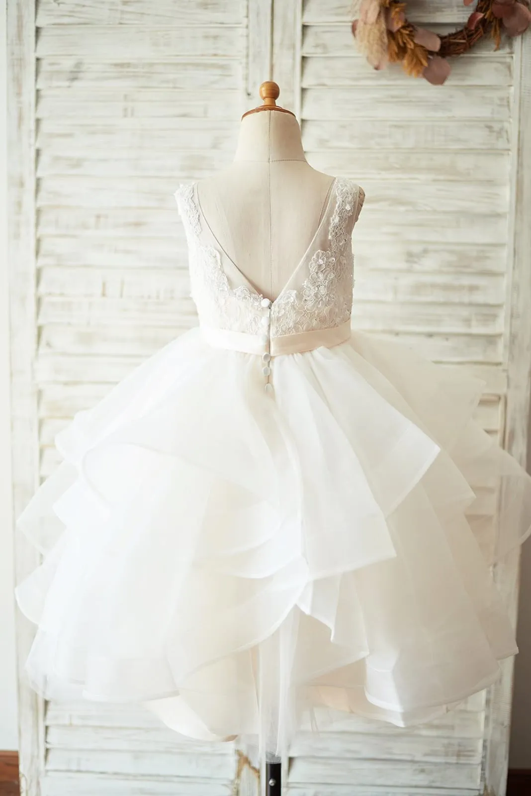 Ivory Lace Tulle Champagne Lining V Back Wedding Flower Girl Dress