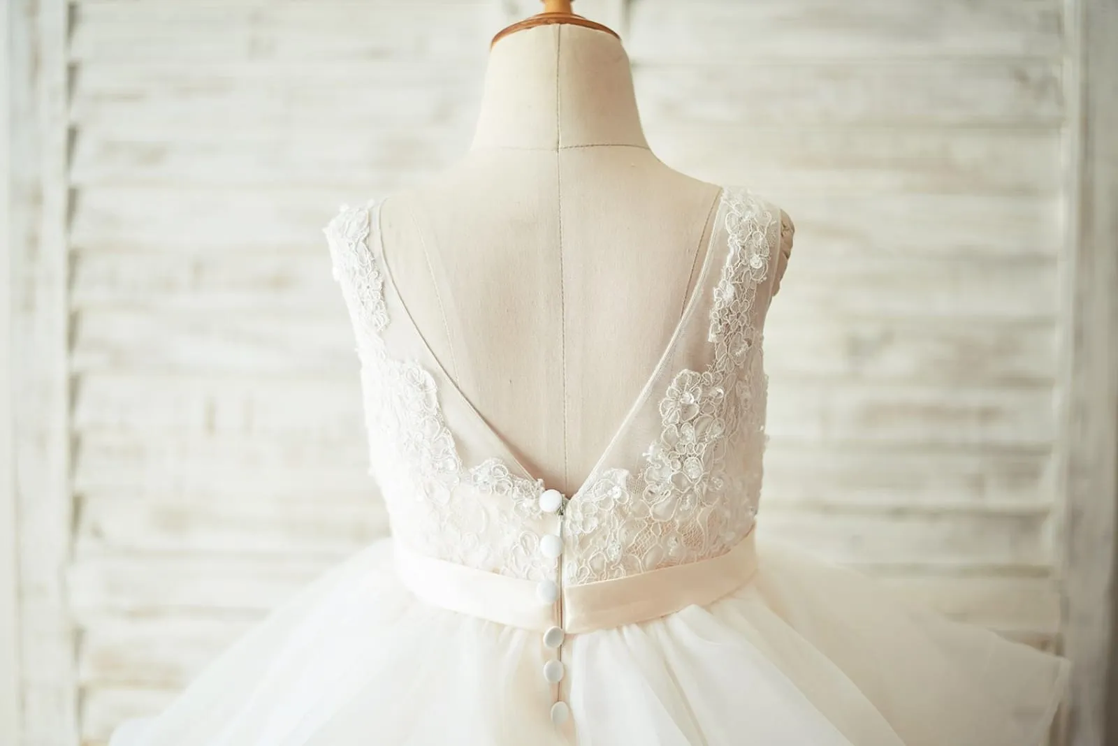 Ivory Lace Tulle Champagne Lining V Back Wedding Flower Girl Dress