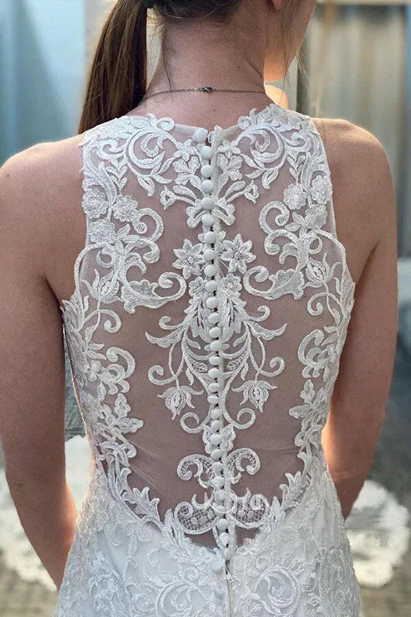 Ivory Lace Tulle Mermaid Round Neck Wedding Dresses With Court Train, MW654