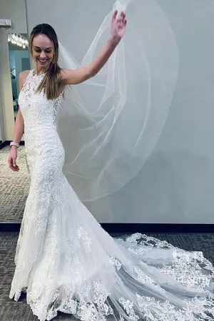 Ivory Lace Tulle Mermaid Round Neck Wedding Dresses With Court Train, MW654