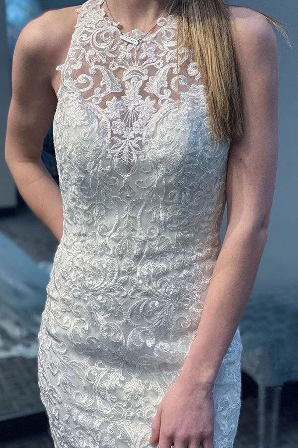 Ivory Lace Tulle Mermaid Round Neck Wedding Dresses With Court Train, MW654