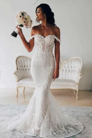 Ivory Mermaid Lace Backless Off Shoulder Wedding Dresses, Bridal Gown, MW749