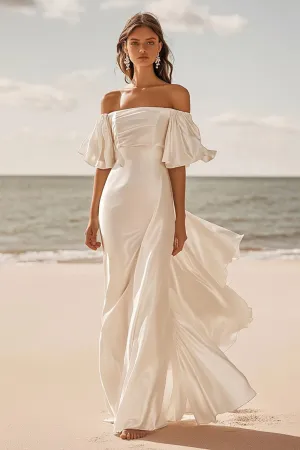 Ivory Satin Sweep Train Off the Shoulder Boho Wedding Dress