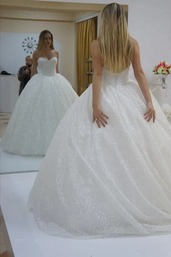 Ivory Sequined Wedding Dress Ball Gown with Corset Back