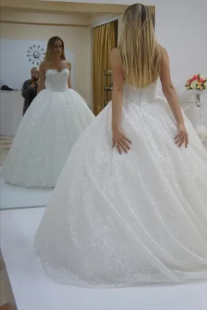 Ivory Sequined Wedding Dress Ball Gown with Corset Back