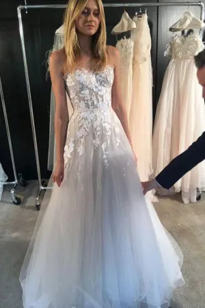 Ivory Strapless A-line Tulle Lace Sweetheart Wedding Dresses, Bridal Gowns, MW597