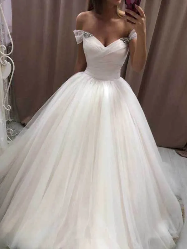 Ivory Tulle Off-the-Shoulder Sweetheart Wedding Dresses, Wedding Gowns, MW732
