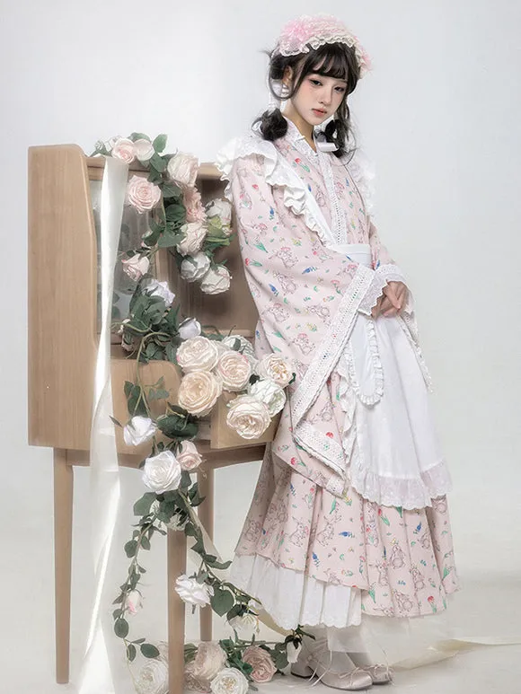 Japanese Style Lolita Costumes Lolita Dresses Polyester Ruffles Floral Print Kimono Long Sleeves Pink