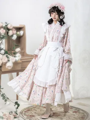 Japanese Style Lolita Costumes Lolita Dresses Polyester Ruffles Floral Print Kimono Long Sleeves Pink