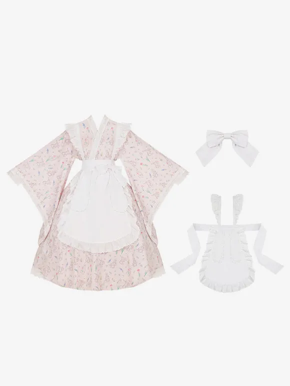 Japanese Style Lolita Costumes Lolita Dresses Polyester Ruffles Floral Print Kimono Long Sleeves Pink
