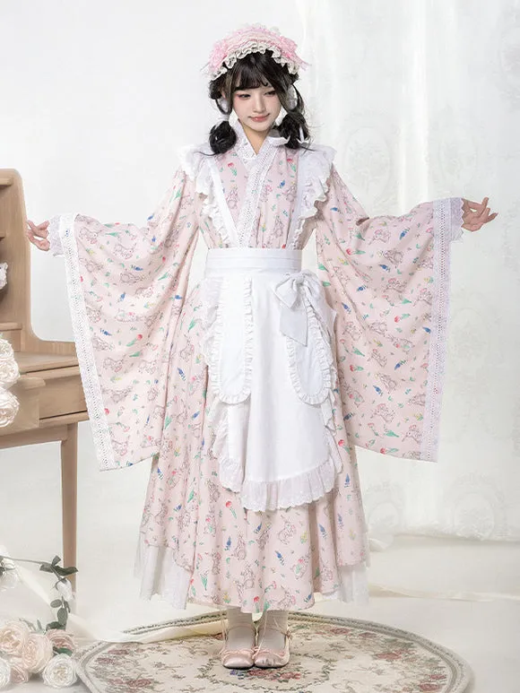 Japanese Style Lolita Costumes Lolita Dresses Polyester Ruffles Floral Print Kimono Long Sleeves Pink