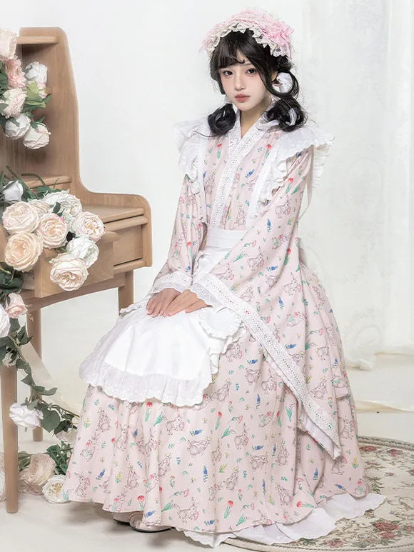 Japanese Style Lolita Costumes Lolita Dresses Polyester Ruffles Floral Print Kimono Long Sleeves Pink
