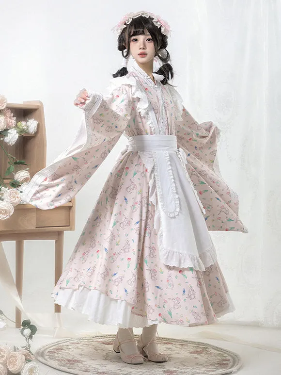 Japanese Style Lolita Costumes Lolita Dresses Polyester Ruffles Floral Print Kimono Long Sleeves Pink